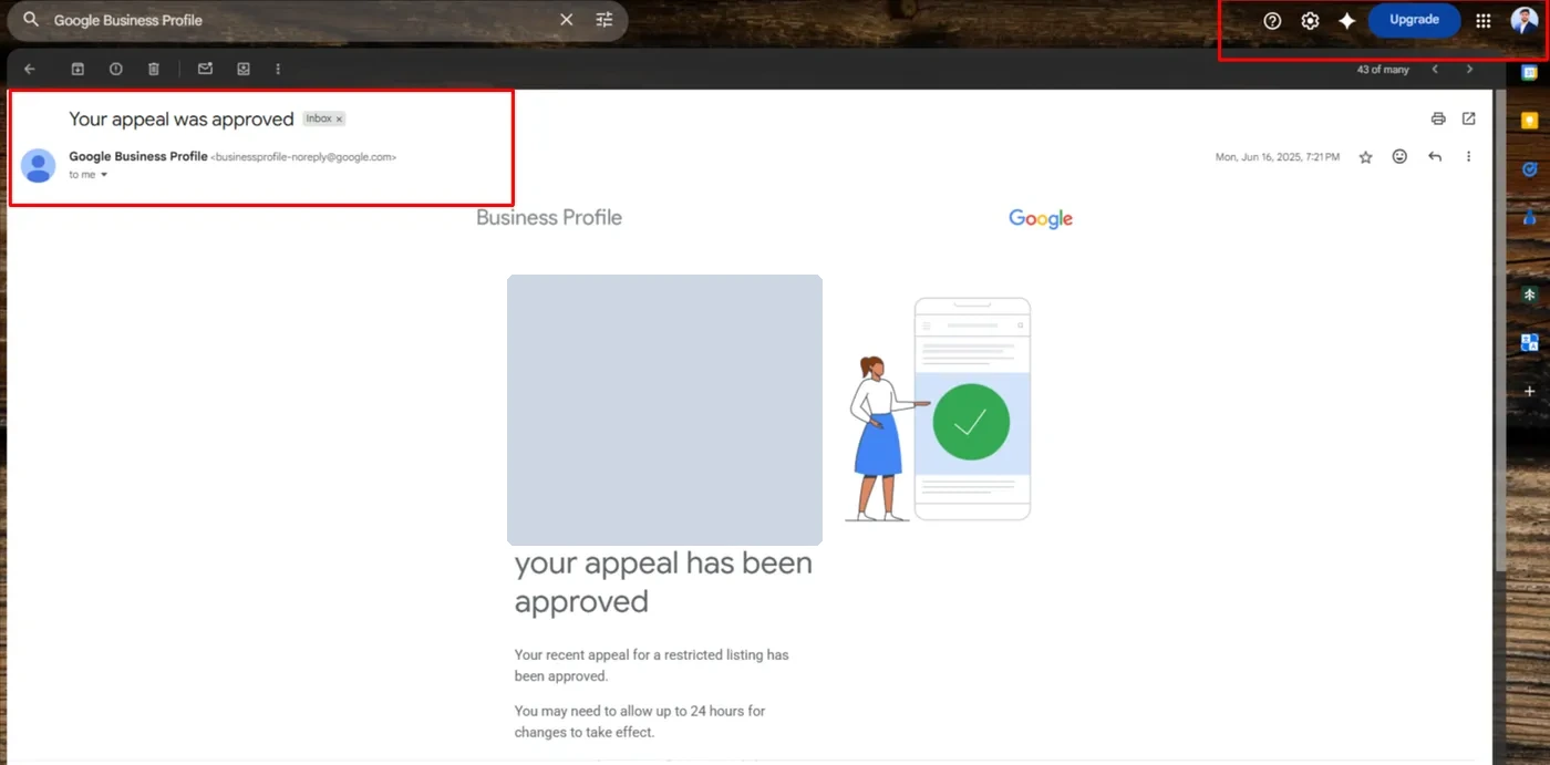 Google Business Profile appeal approved email for solicitor Algarve Portugal