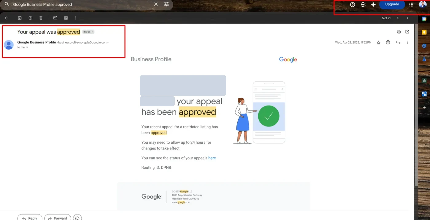 Google Business Profile appeal approved email for moving company Dubai