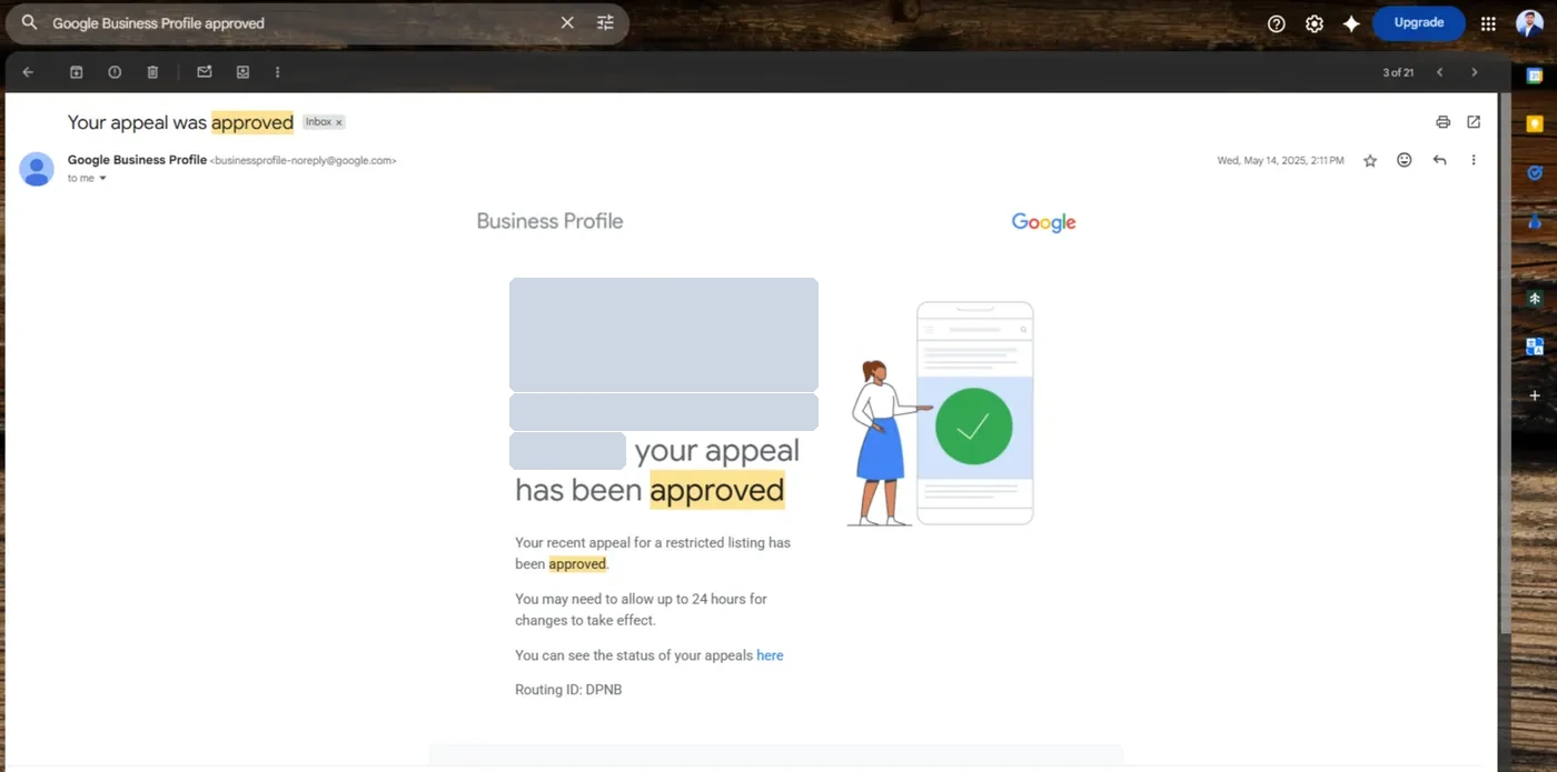 Google Business Profile appeal approved email for tourism company Dubai