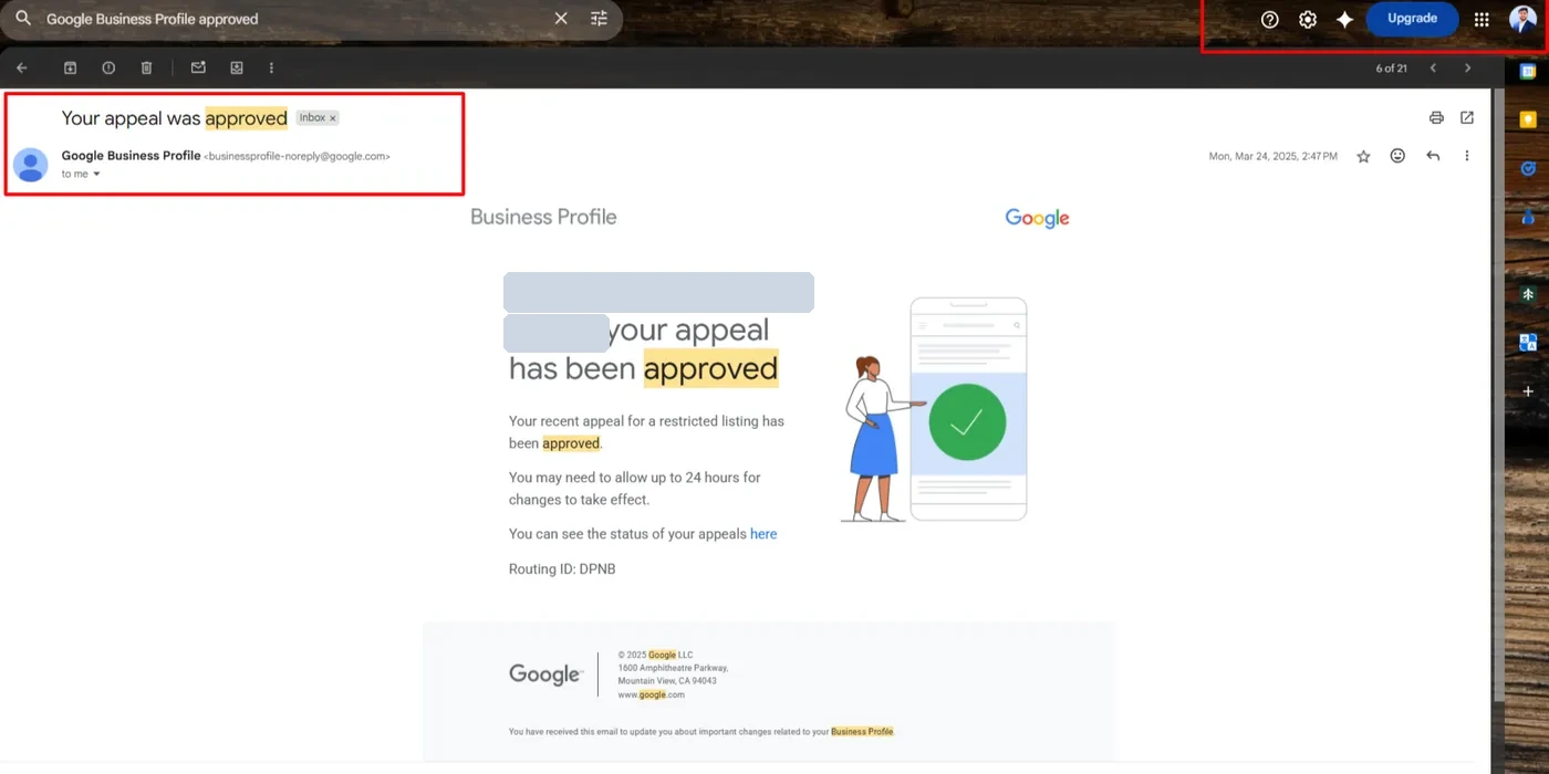 Google Business Profile appeal approved email for transportation company Dubai