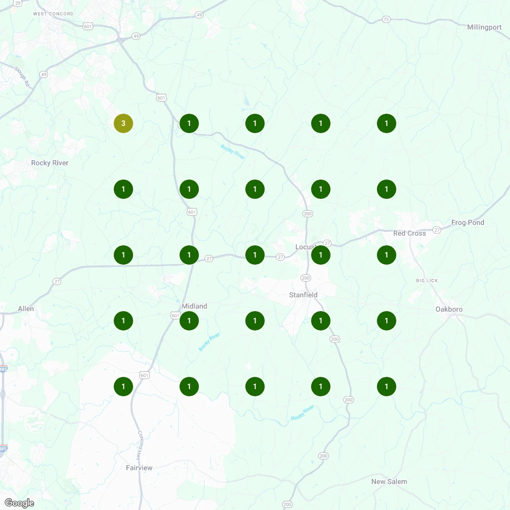 Local rank grid after: 24 of 25 points marked 1 in dark green, one marked 3