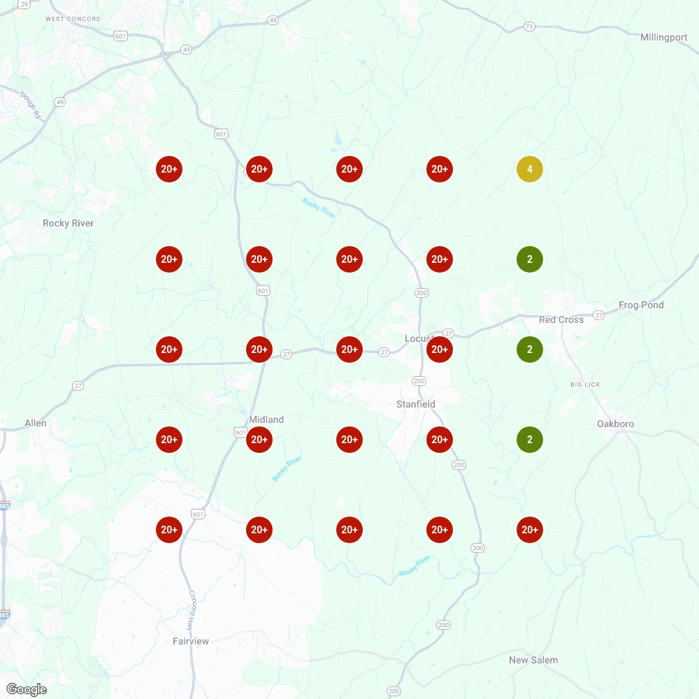 Local rank grid before: most of 25 points marked 20+ in red, a few yellow and green on the right edge